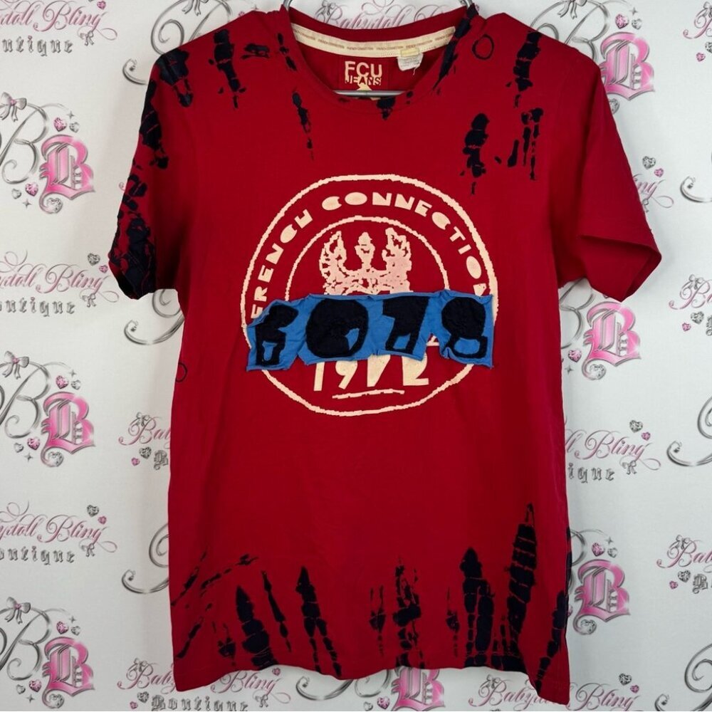French Connection tshirt tee tie dye Red Graphic Tee with Blue Accents